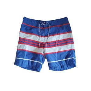 J. Crew Men's Size 32 Board Shorts Swim Trunks Blue Red Striped Mesh Lined